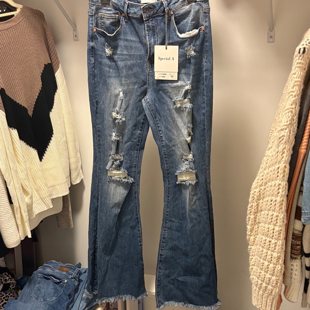 Women's Distressed Flare Jeans - Blue